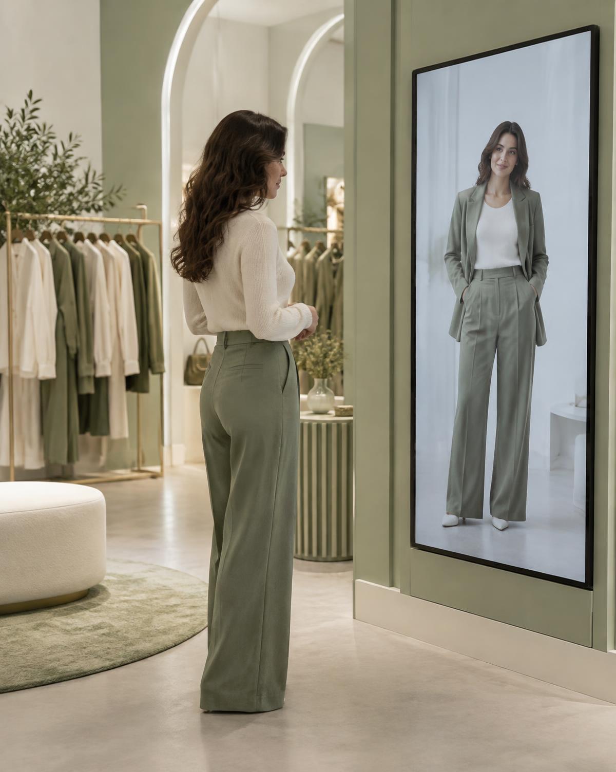 Cliente se vendo com um look completo na tela da loja
